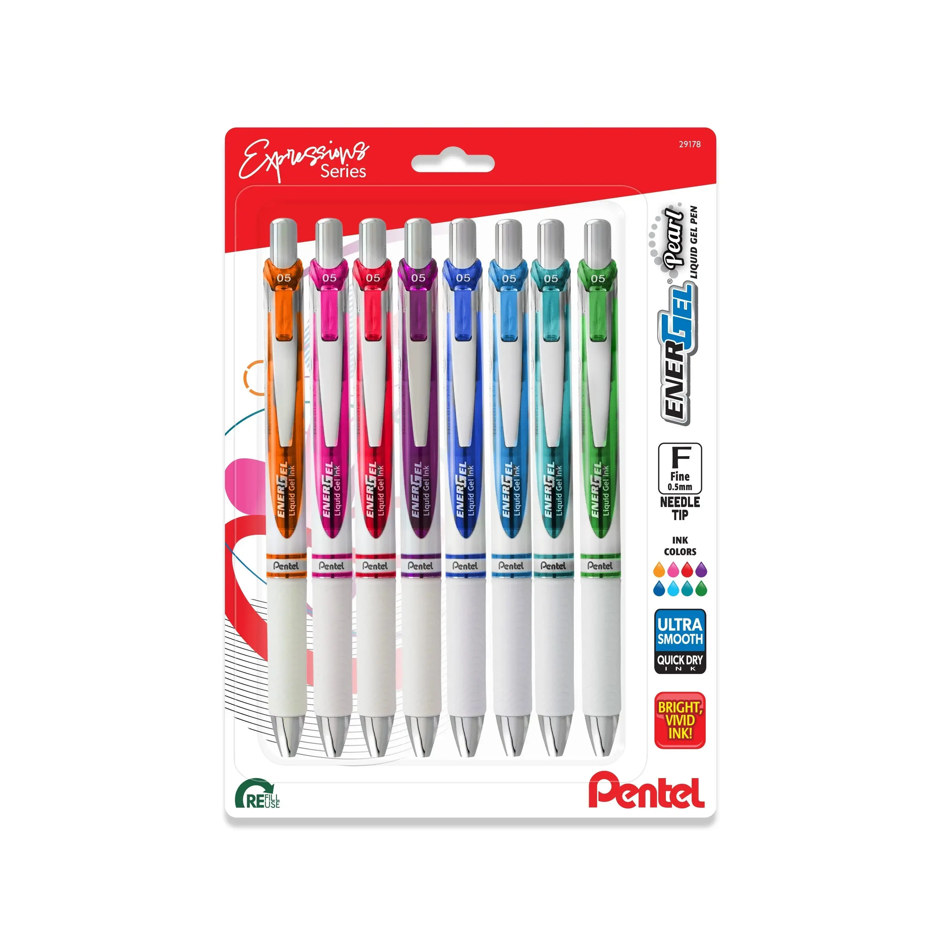 Pentel EnerGel RTX Series Pearl Barrel 0.5 mm Needle Tip Smooth Writing Pen 8-Pack, Assorted Colors Ink, Office Writing Stationery for College Students, Ideal for Detailed Notes, Skip-Free Right Brain Creative Expression