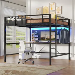 Hasuit Full Size Metal Loft Bed with Desk, LED Lights & Charging Station - Sturdy Space-Saving Bed Frame, Loft Bed Full Size Includes Safety Guard Rail & Ladder, No Box Spring Needed, Durable
