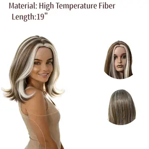 Piano-Color Wig — Women's Light Brown Wig with White Highlights, 19 Inches — Suitable for Daily Wear and Parties