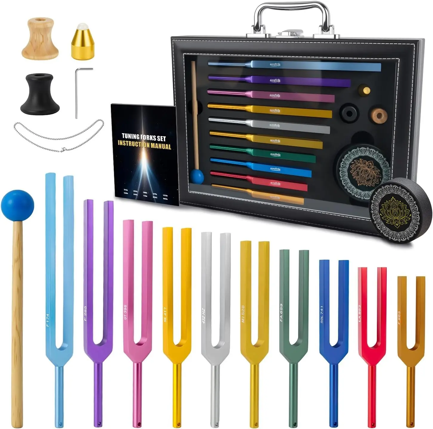 10 count Unweighted Tuning Fork for  Set, Multi-Color Chakra Tuning Forks,  Alloy Solfeggio Tuning Forks with Activator &   (174-963Hz) for Sound