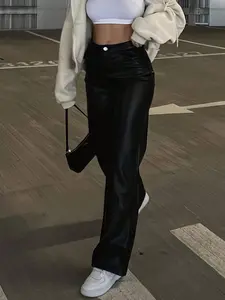 Women's High-Waisted Shiny PU Leather Wide Leg Pants, Matte Coating, Y2K Style for Parties, Commuting & Festivals, Long Trousers for Tall Women