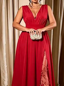 Plus Size Women's Sleeveless Solid Color Lace Patchwork Backless Dress, Casual Summer Fashion, Comfortable and Stylish