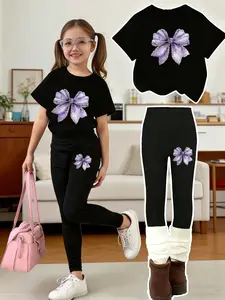 Girls' Bow Pattern Print 2-Piece Set, Track Uniforms Girls Casual Sporty Short Sleeve Top & Bottoms, Comfortable Elastic Waist Pants, Fall Winter