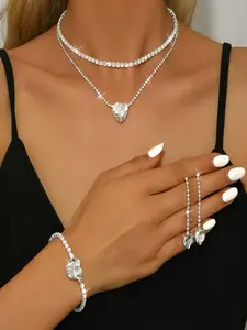 Women's Heart Crystal Jewelry Set, 3pcs Rhinestone Accessories, Silver Color Heart Pendant Necklace, Bracelet & Earrings