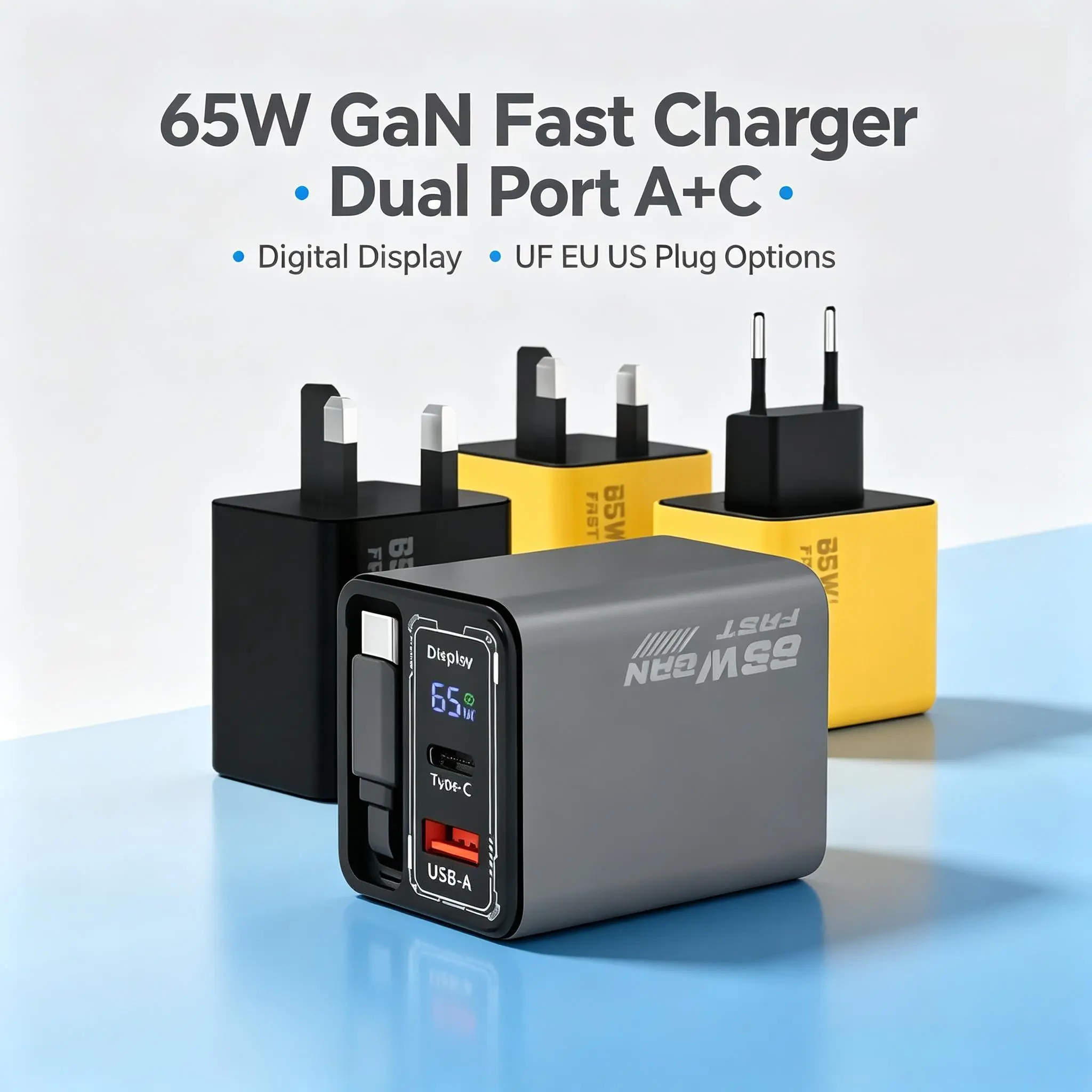 65W GaN Fast Charger Gallium Nitride - Dual USB-C & USB-A Port PD Quick Charge Adapter with Digital Display, UK Plug, White, for iPhone Samsung Smartphones & Electronics; 140W Smart Auto-Disconnect Scart Cable