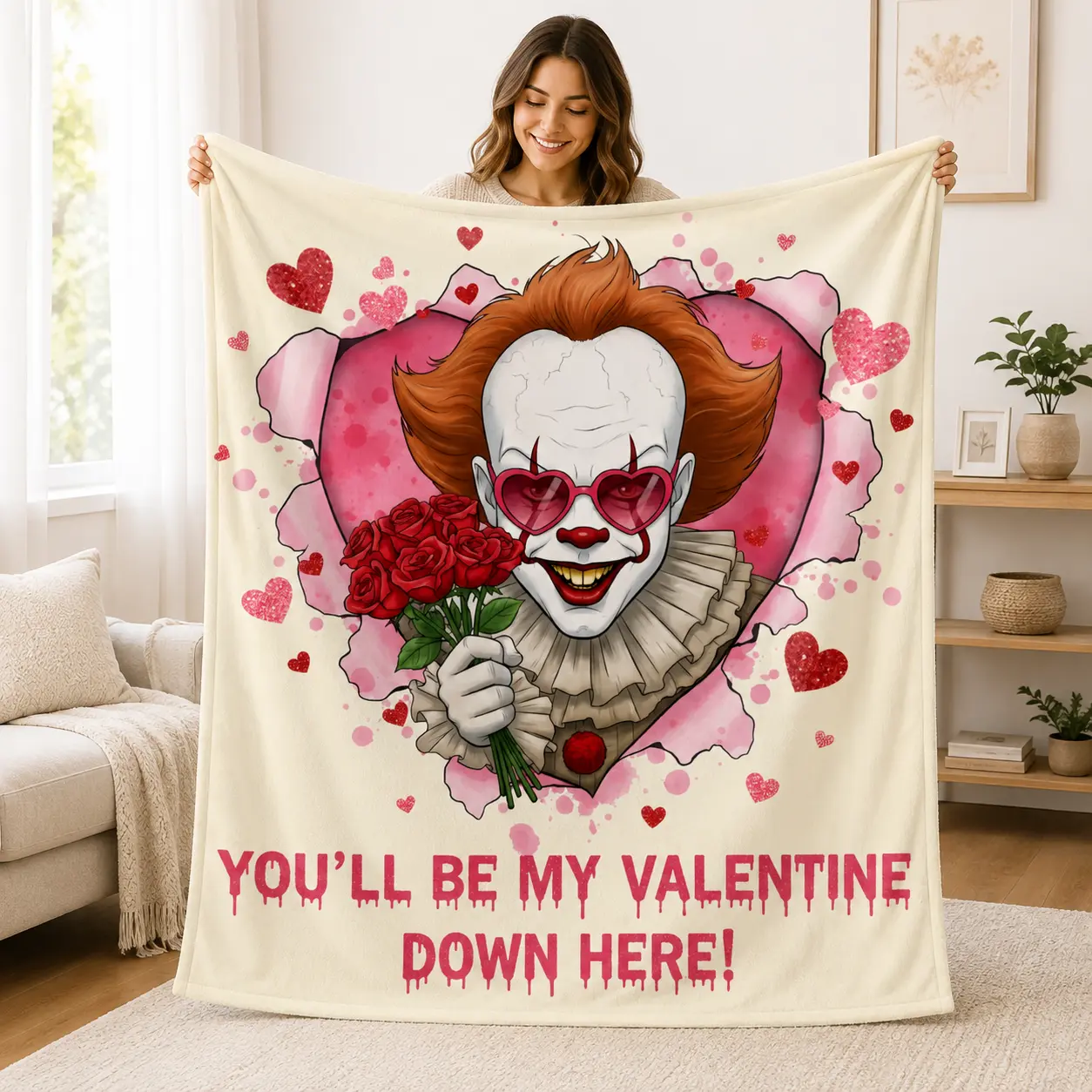 Horror Pennywise Valentine Blanket, IT Movie Valentine Day Blanket, You'll Be My Valentine Down Here Blanket, Horror Character Throw Blanket For Sofa Bed Bedroom Movie Night, Spooky Halloween Gothic Home Decor