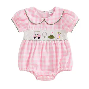 Baby Girl Cute Golf Plaid Smocked Romper Bodysuit Short Sleeve Peter Pan Collar  Jumpsuit Playsuit Newborn Coming Home Outfit #Springtok