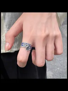 New Traditional Blue Burnt Ten Li Peach Blossom Ring, Unisex Vintage High Street Fashion Jewelry, Versatile Accessory for Men and Women