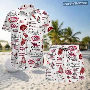 Dr Pepper Hawaiian Shirt Shorts Set I Will Drink Dr Pepper Everywhere Funny Soda Lover Aloha Outfit Men Women Beach Summer Vacation Casual Loose Comfy