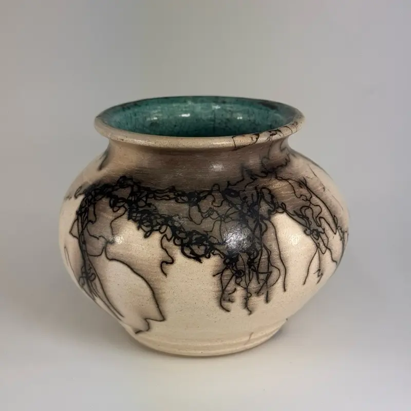 Handmade Horsehair Raku Pottery - Home Decor, Hand Burnished Exterior, waxed and polished. Coil Water Blue Glaze Reduction Interior.