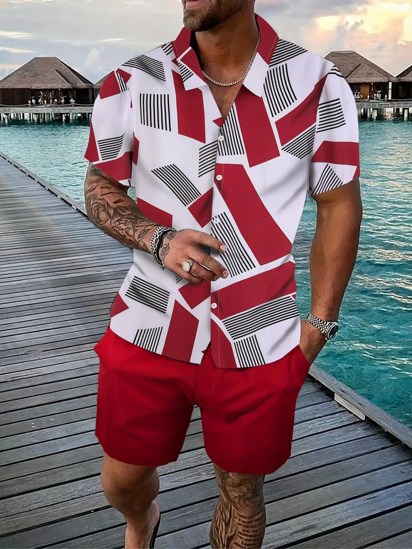 2 Pieces Men's All Over Geometric Print Button Front Shirt & Drawstring Waist Shorts Set, Summer Outfits 2024, Regular Fit Drop Shoulder Shortsleeve T