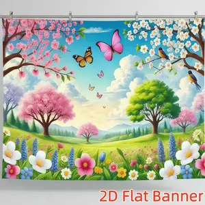 1PC Custom 2D Flat Polyester Backdrop Banner - Spring Dream Garden Design with Cherry Flower Tree, Butterfly, Grass, for Birthday Party Photo Background, Home Wall Decor