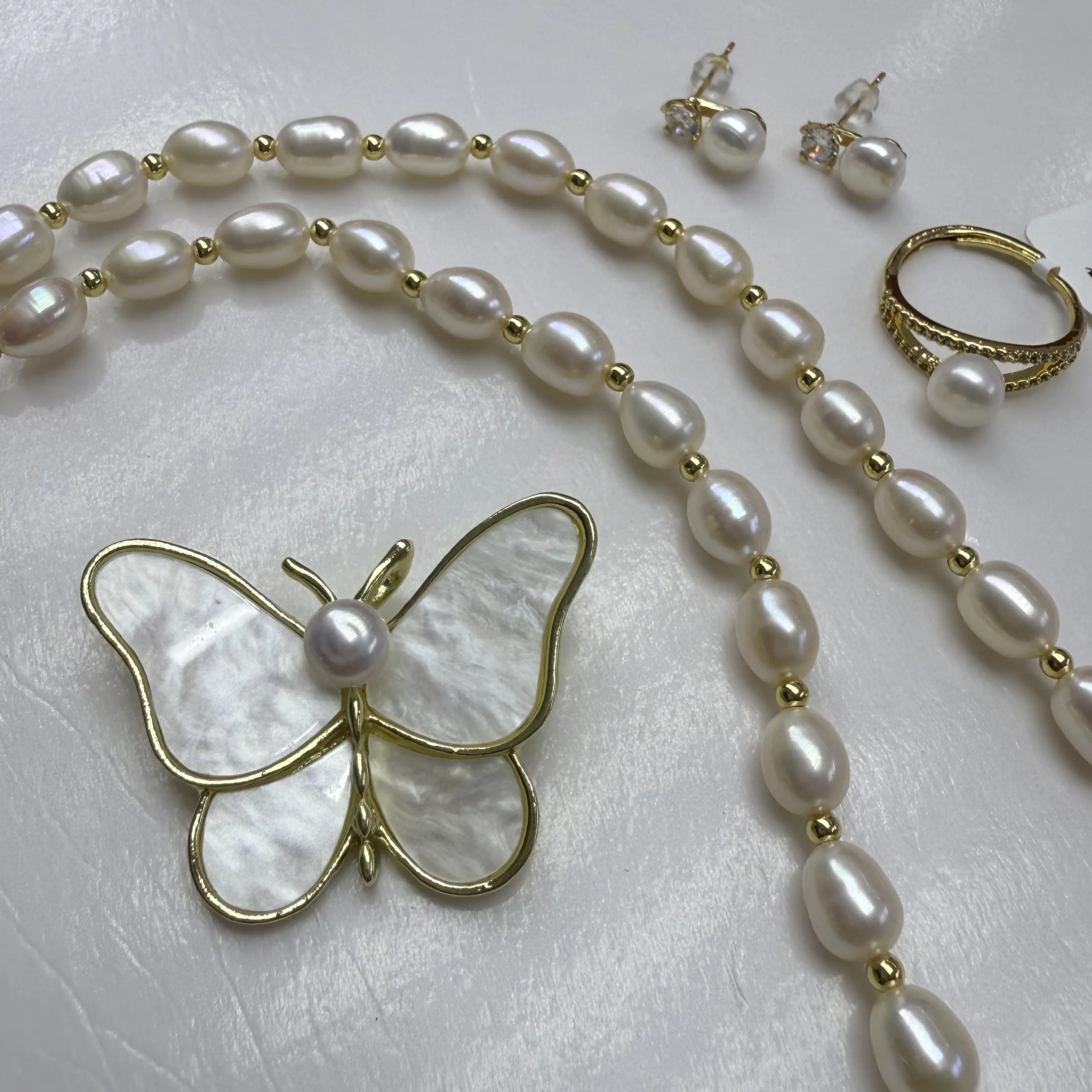 Set15-Butterfly Pearl Set Timeless White Pearl Ensemble Necklace Stud Earrings Open Adjustable Ring Butterfly Brooch Classic Matching Set Gift‑Ready