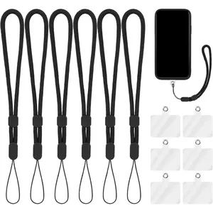 Hand Wrist Strap Lanyard with Tether Patch, 6 Pcs Adjustable Nylon Wrist Straps with 6 Pcs Transparent Phone Pads Cell Phone Lanyard Strap Holder Hand Straps for Mobile Phone Camera(Black)
