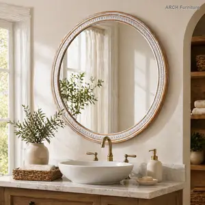 30" Round Solid Wood Farmhouse Wall Mirror - Rustic Boho Decoration, Durable Lightweight Hanging Mount, Easy Installation for Bathroom Vanity, Living Room Wall Decor & Room Decor