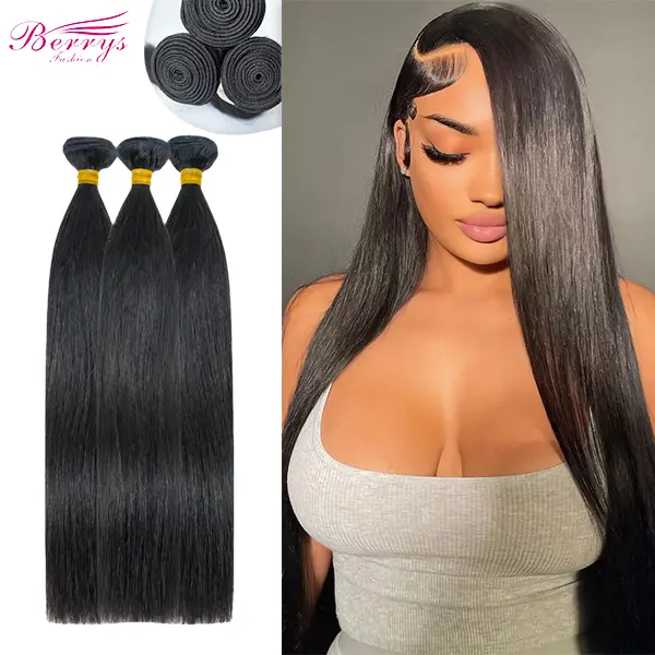 berryshair Medium-Length Straight Hair Bundles, 100% Human Hair, Yellow Band Raw Hair, Permable and Dyeable in Any Color, Ideal for Black Women, Premium Quality Hair Bundles