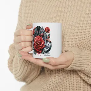 Bold Biker Rose Ceramic Mug, Motorcycle Gift, Vintage Biker Decor, Coffee Lover Mug, Unique Gift for Him, Customizable Mug