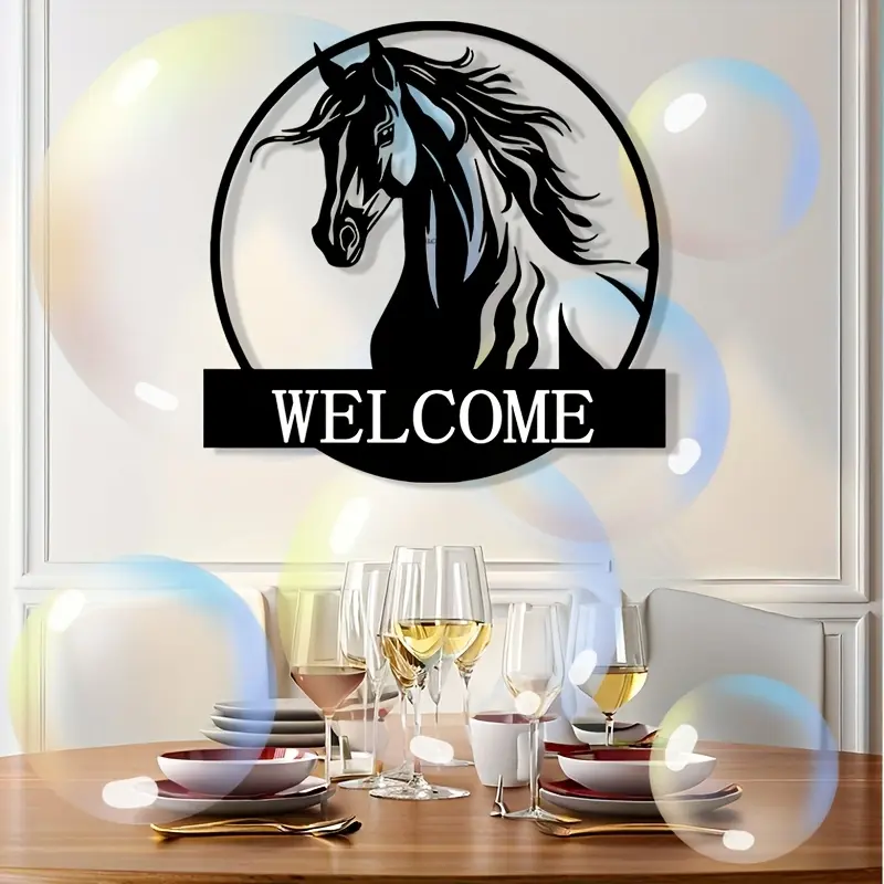 2D plan, 1 Western Ranch style horse head wall sculpture - black metal wall art with white "welcome" emblem like mane, horizontal iron horse decoration, suitable for foyer, living room, garden, indoor/outdoor housewarming decoration