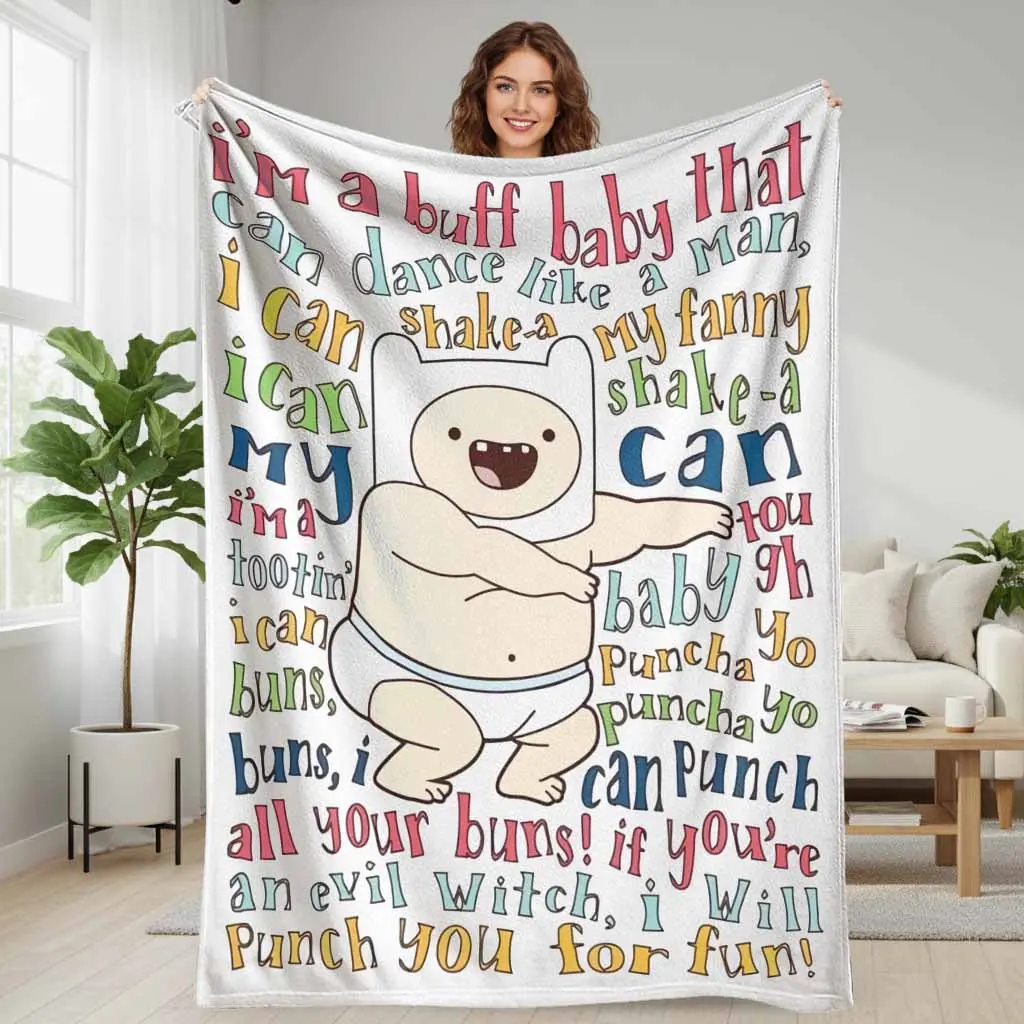 Adventure Time Finn The Human Flannel Fleece Throw Blanket, Cartoon Typography & Character Graphic, Wrinkle Resistant, Breathable, Durable, Ultra Soft Lightweight Cozy, Machine Washable, for Bedroom Couch Decor & Birthday Holiday Gifts, Outdoor Camping, F