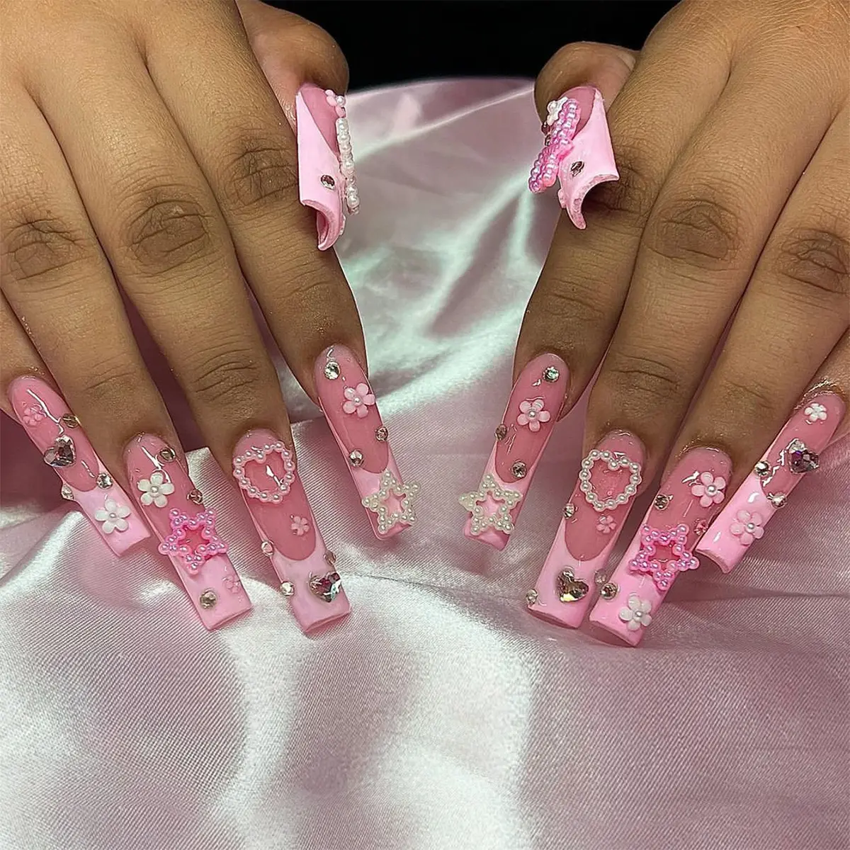 Press on nails 24pcs Long Coffin French Style 3D Deluxe Nail Set with Flower, Bow, Teddy Bear, Stars and Faux Pearls Design, Removable False Nails, Stick on Nails, Reusable, DIY Nail Art, Includes nail Adhesive Tabs, nail File, and Manicure Stick