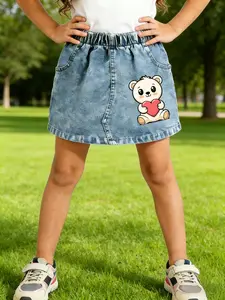 Heart Bear Pattern Printed Skirt, Durable Denim Fabric, A-Line Cut, Short Design, Casual Style, All Seasons Wear, Comfortable Fit