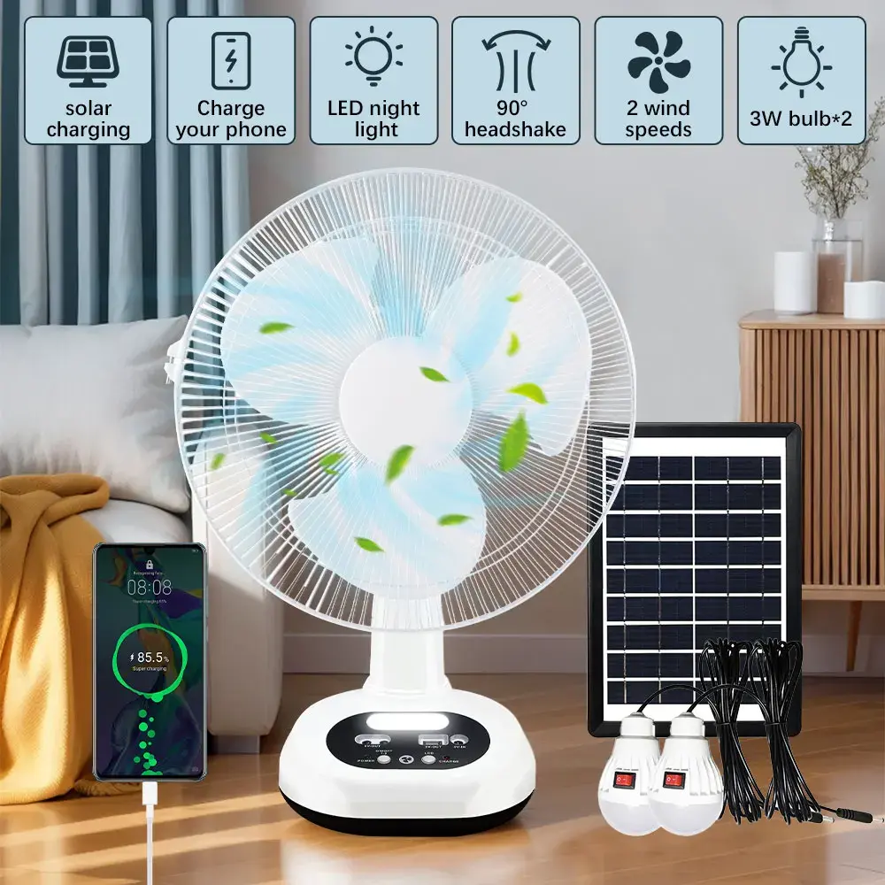 Solar Rechargeable Cordless Cooling Desk Fan - 2 LED Lights, 2-Speed Variable-Speed Control, Remote-Enabled, Chargable for Outdoor, Bedroom Use, Chargable Desk Fans, Remote-Enabled Desk Fans Solar Charging Fan Portable Personal Fan