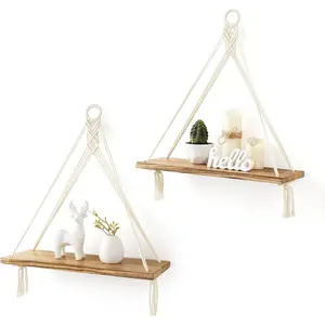 Macrame  Shelves Boho Wall Decor Set of 2 Rustic  Floating Storage Shelf for Bedroom Bathroom Living Room  Dorm Room, Display Shelving for   Photos
