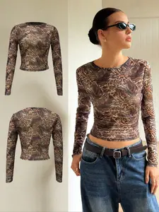 Women's Leopard Mesh Long Sleeve Top, Vintage Wild Style, Slimming Transparent Design, High Stretch Fit, Casual Streetwear