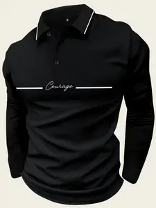 Men's Long Sleeve Polo Shirt with 'Courage' Print, Casual and Business Casual Attire for Fall/Spring, Lightweight and Ideal for Daily Outings