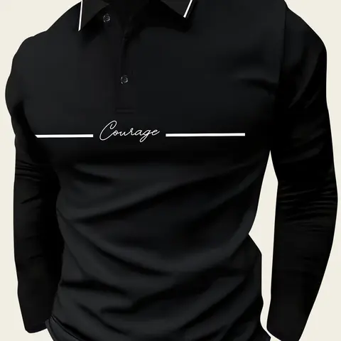 Men's Long Sleeve Polo Shirt with 'Courage' Print, Casual and Business Casual Attire for Fall/Spring, Lightweight and Ideal for Daily Outings
