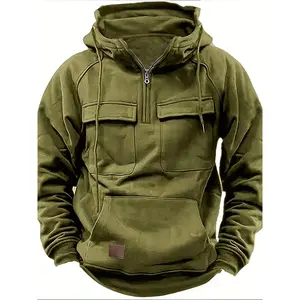 Men'S Solid Color Hoodie Youth Sports Multi Pocket Sweater Jacket
