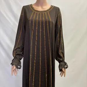 Elegant Striped Rhinestone Maxi Dress Long Sleeve Brown with Gold Accents and Lace Details