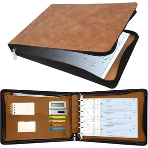 Zippered 7 Ring Business Check Binder Portfolio for 3-Up Business Size Checks, PU Leather 7 Ring Checkbook Binder 600 Checks Capacity for 9" x 13" Sheets, Built-in Storage Organizer, Brown