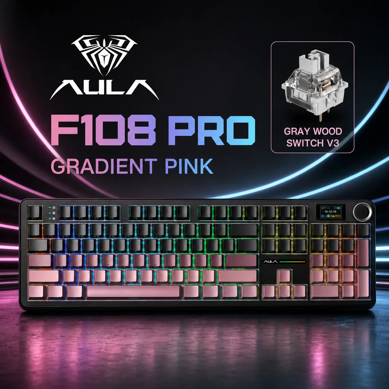 AULA F108 Pro Tri-Mode Wireless Mechanical Keyboard - Hot Swap Keys, RGB Lighting, Smart Screen & Knob, 108-Key Full Size, USB-C, 2.4GHz, Customizable Keycaps, Android Compatible, for Work From Home & Gaming, Gaming Accessories, Wireless Keyboards