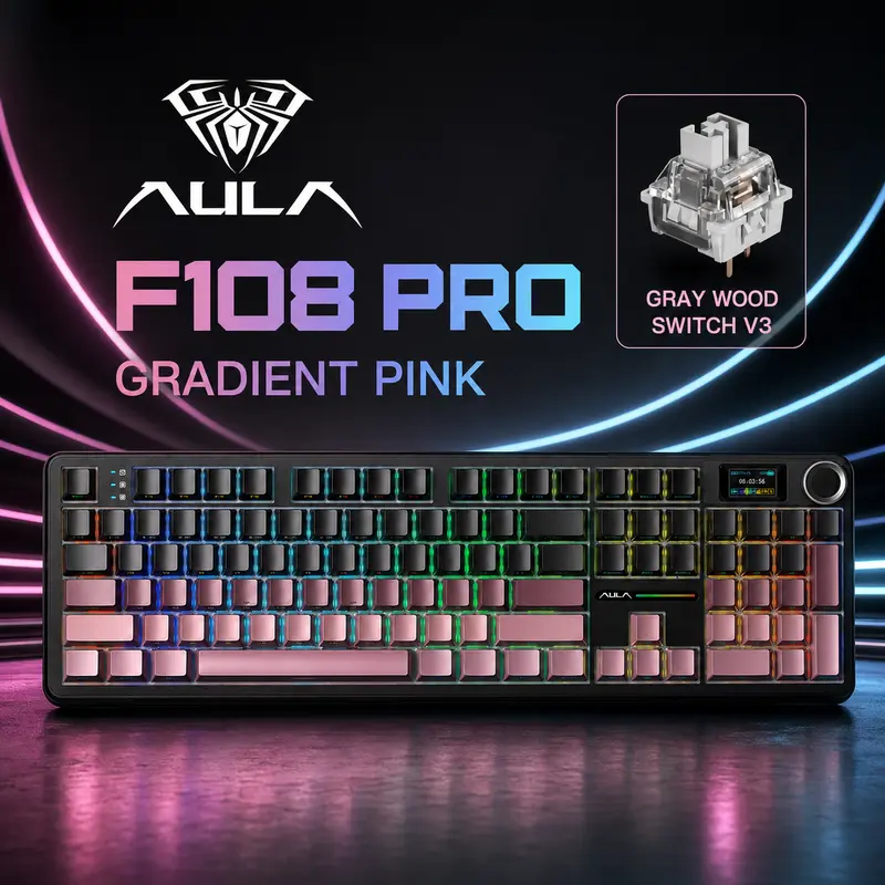 AULA F108 Pro Tri-Mode Wireless Mechanical Keyboard - Hot Swap Keys, RGB Lighting, Smart Screen & Knob, 108-Key Full Size, USB-C, 2.4GHz, Customizable Keycaps, Android Compatible, for Work From Home & Gaming, Gaming Accessories, Wireless Keyboards
