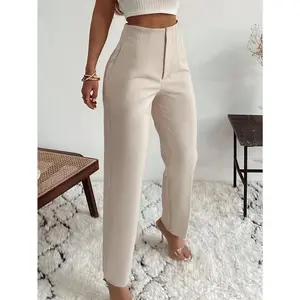 WOMEN'S high-waist casual trousers, elegant simple slim fit, 100% polyester, solid color, all-season, woven fabric, 150g/m2-perfect for adult Bottoms Pants Womenswear Basic Black Minimalist