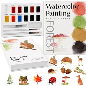 Beginner Watercolor Workbook-Water Color Painting Kit with 12-Color Paints&Brush,Forest-Themed Coloring Book with 12 Original Patterns,Creative Arts&Crafts Gifts for Adults&Teens