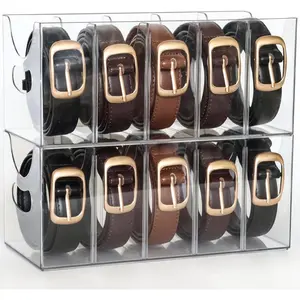 Belt Organizer - 2 Pack Clear Stackable Belt holder For Closet Drawer Storage - 5 Compartments with Removable Dividers, Multi-Purpose Display Bins With Inserts For T