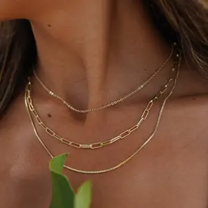 NECOCY 3 Layered Necklaces for Women Trendy Dainty CZ Pendant Paperclip Box Chains Choker Jewellry Gift for Fashion Chunky Gold Plated