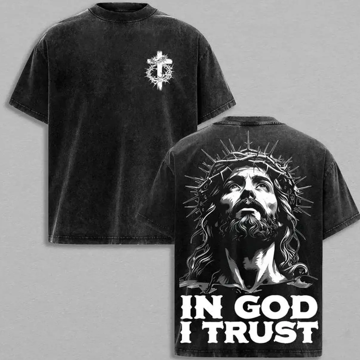 valentine shirts "IN GOD I TRUST" Jesus Crown of Thorns God Apparel Tee Washed, Easter T-Shirt, Jesus T-Shirt, Easter Streetwear, Christian Apparel Graphic Tees, Gym Pump Cover ,  Church Outfit Round Neck Distressed VWR