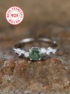 Elegant S925 Silver Ring with Round Agate Edge, Irregular Four Imitation Zircon Stones, Women's Fingertip Ring with Box, Unique Statement Ring