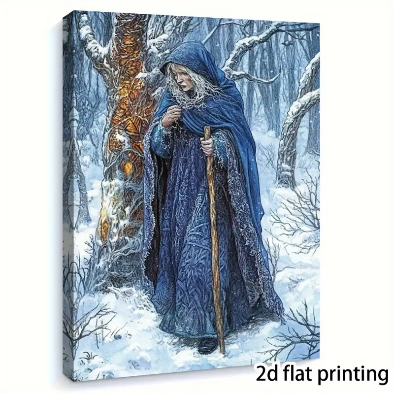 1 Piece Celtic Winter Goddess Cailleach Wall Art - Wooden Frame Canvas Print, Psychedelic Snow Forest Scene and Exquisite Celtic Patterns, Ready to Hang, Nordic Style Home Decoration, Ancient Mythology Theme, High-Quality 2D Graphic Art, Perfect for Bedro