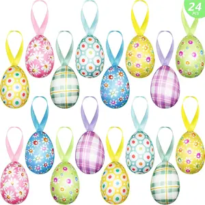 24 PCS Easter Eggs Hanging Ornaments, Buffalo Plaid Dots Easter Hanging Eggs Decorations, Colorful Decorative Baubles Ornaments, Spring Farmhouse Tree Ornaments Basket Filler Decor