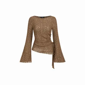 Cider Lace Boat Neck Floral Ruched Asymmetrical Hem Bell Sleeve Top