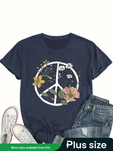 plus size Vintage Peace Sign Round Neck Graphic Tee for Women – Retro Floral Print T-Shirt with Boho Aesthetic, Casual Oversized Summer Fashion Top, Soft & Comfortable Everyday Essential for Streetwear, Travel, and Aesthetic Outfits