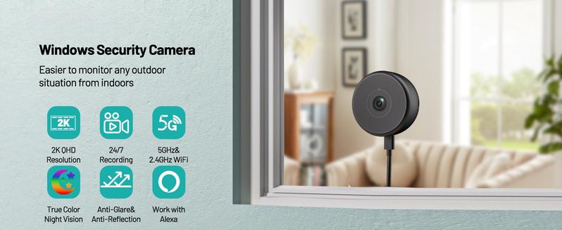 Litymol Magnetic Wireless Window Security Camera with 2K Resolution, AI Motion Detection, Color Night Vision, 2-Way Audio and Cloud Storage