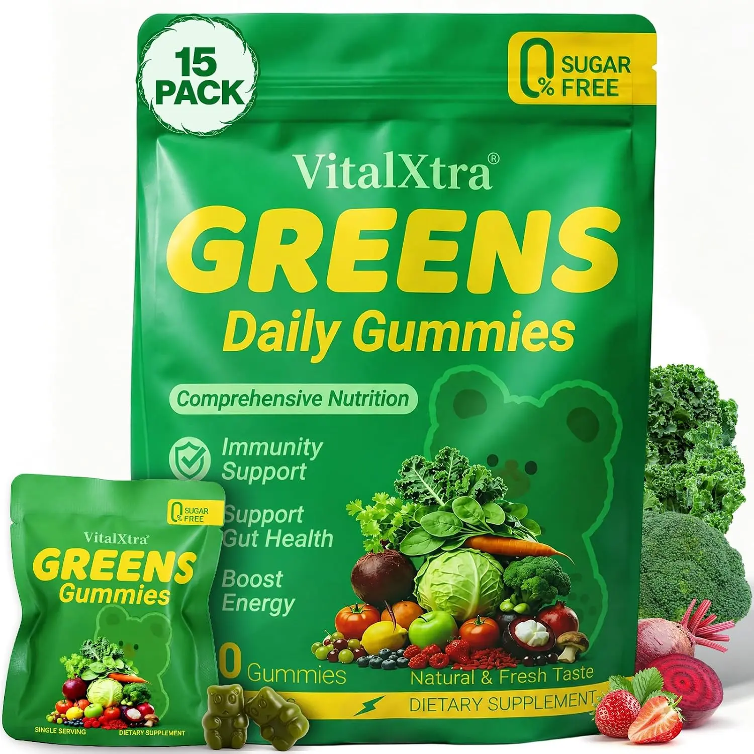 Sugar-Free Adult Greens Gummies, Greens Daily Gummies, Gluten Free, 120 Ct Superfood Multivitamin Gummy w/Spirulina, Chlorella, Adaptogens, Prebiotic Fiber & Fruit Veggie for Digestive Health, Vegan Healthcare Supplement
