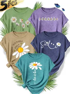 5Pcs Women's Crew Neck T-Shirts, Daisy & Smile Slogan Print, Multiple Colors Available, Machine Washable, Spring & Summer Tops, Soft Skin-Friendly Fabric, Casual Daily Versatile, Fashion Design