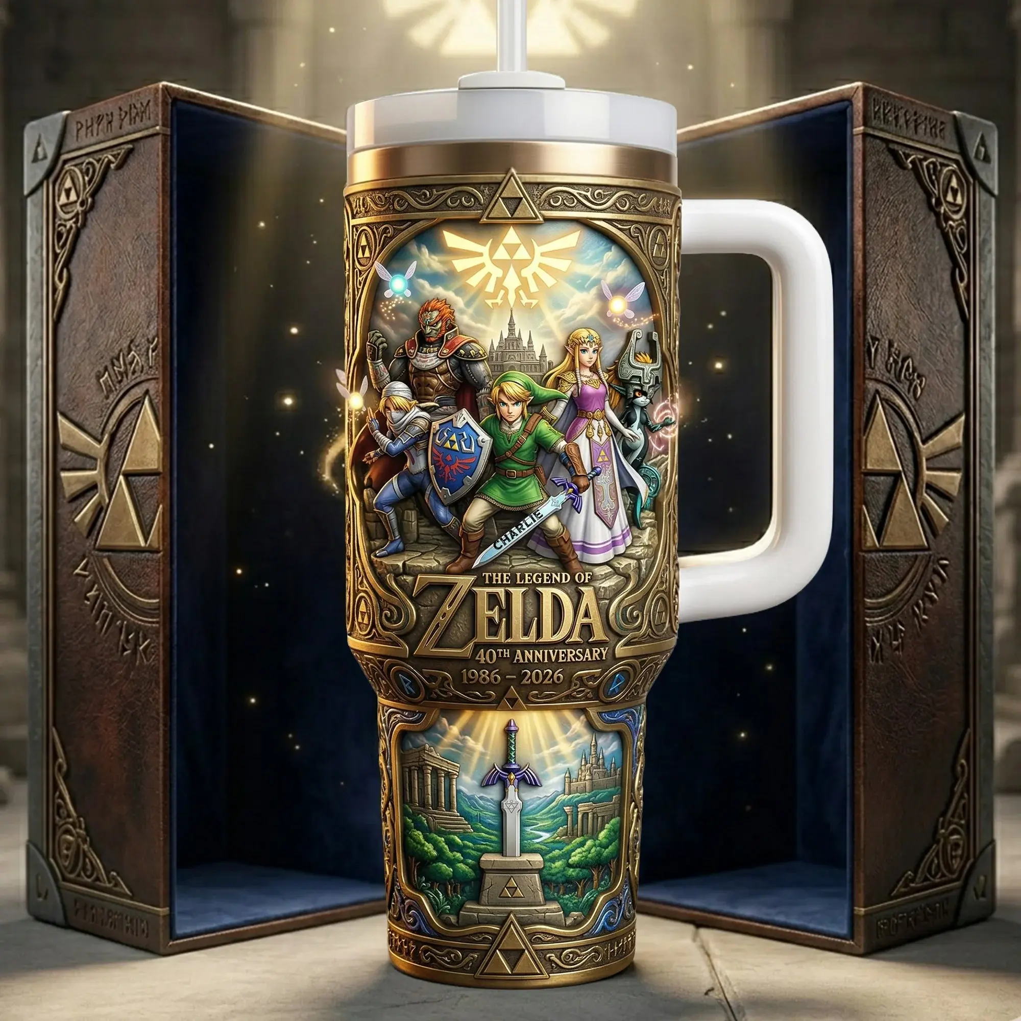 The Legend of Zelda 40th Anniversary 1986-2026 40oz Tumbler with Handle & Straw, Link and Princess Zelda Hyrule Insulated Cup, Master Sword Gamer Gift, Fantasy Adventure Travel Mug