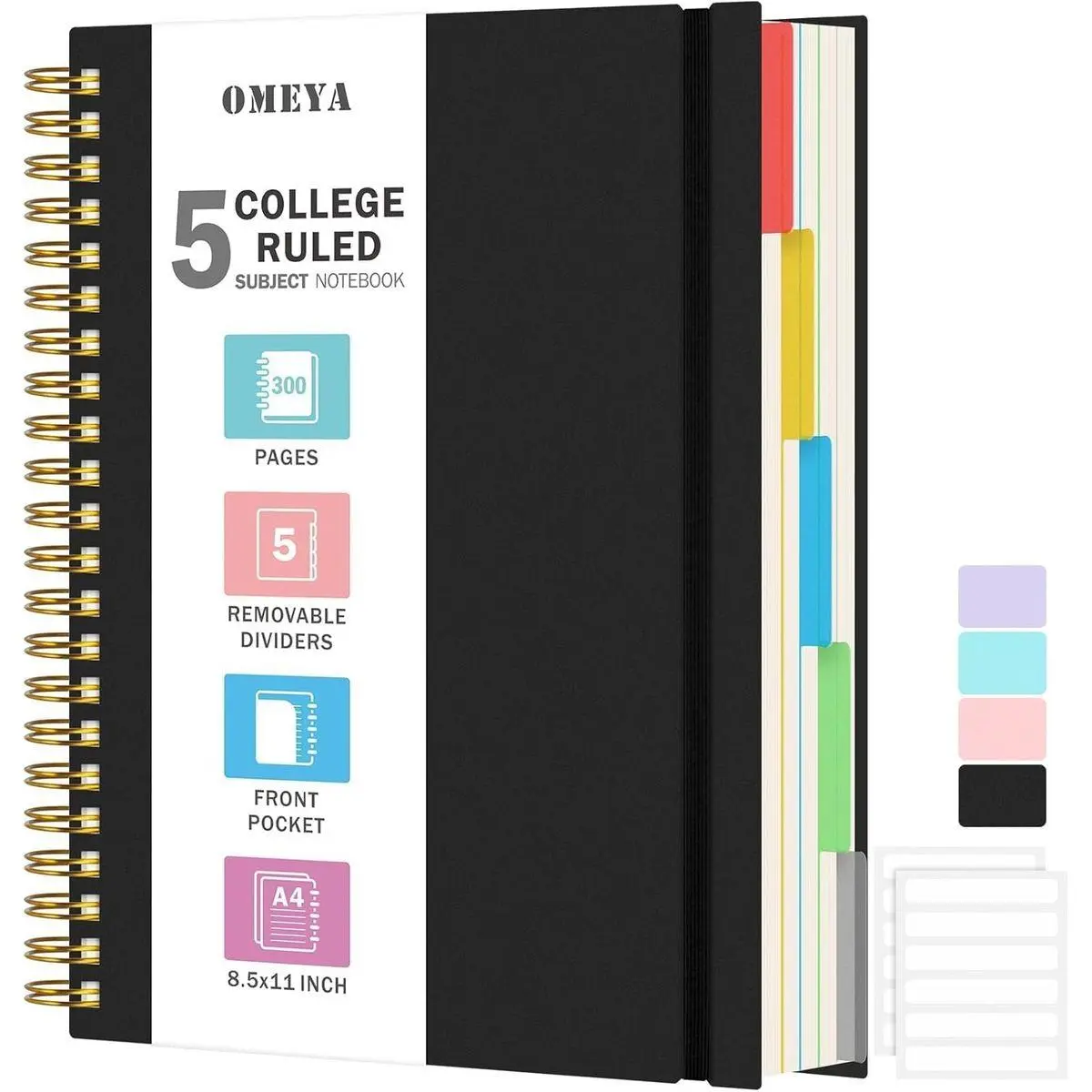 Spiral Notebook 8.5" x 11", 5 Subject Notebooks College Ruled with Dividers | 300 Pages 100GSM Thick Spiral Writing Journal for Women & Men, Large A4 Lined Journal Notebooks for Work, School Supplies